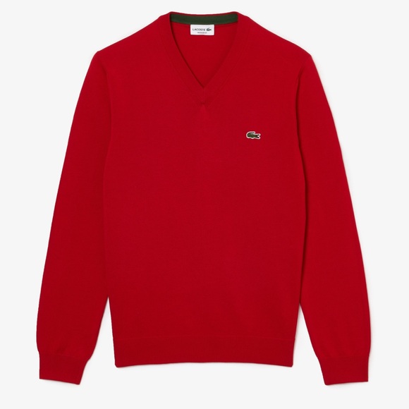 Lacoste Monochrome Cotton V Neck Classic Fit Sweater in Red